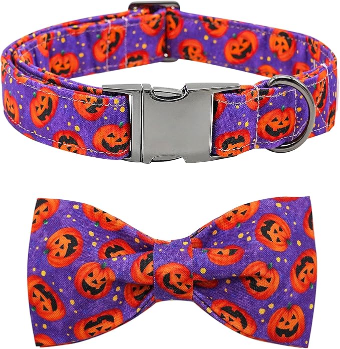 Dog Collar - Halloween Pumpkin Bowtie Pet Collar Gift Soft Bow Collar Pet Adjustable Metal Buckle Puppy Collars for X-Small Dogs
