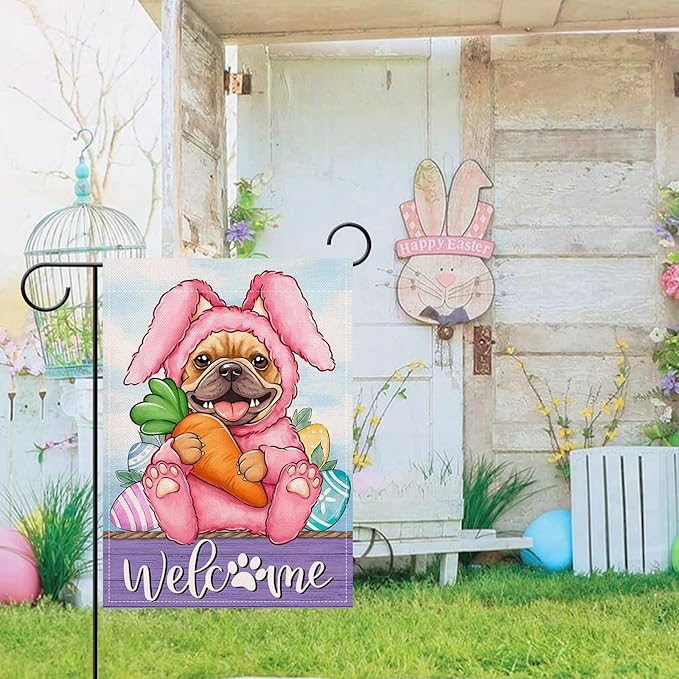Artofy Welcome Easter Bunny Dog Small Decorative Garden Flag, French Bulldog Rabbit Yard Lawn Outside Decor Pet Lover Gift, Spring Carrot Egg Farm Burlap Outdoor Home Decoration Double Sided 12 x 18