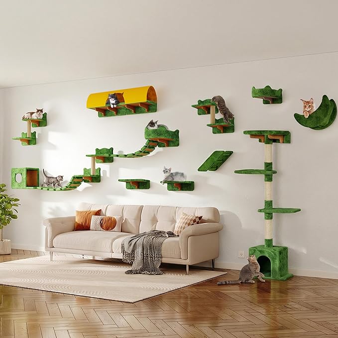 20-in-1 Cat Wall Shelves, Wall Mounted Cat Furniture w/Plush Fabric, Cat Climbing Wall System, 63''H Cat Tower w/Scratching Posts, Cats Shelf with 40''L Tunnel, Condos, House, Step and Ladder