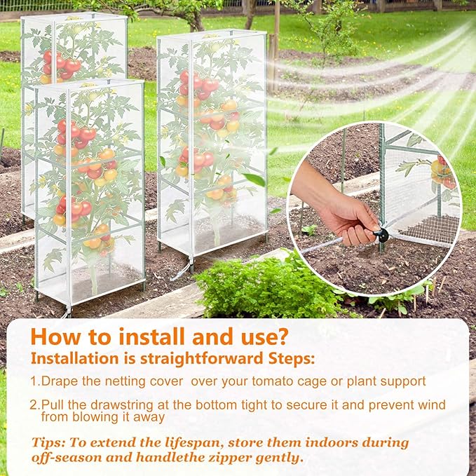 3 Pack Garden Netting Cover for Square Tomato Cage, 48"x14"Bird Netting Barrier with Zipper Drawstring Tomato Trellis Net Mesh Climbing Plant Cover for Protecting Vegetable Fruits from Animals Insect