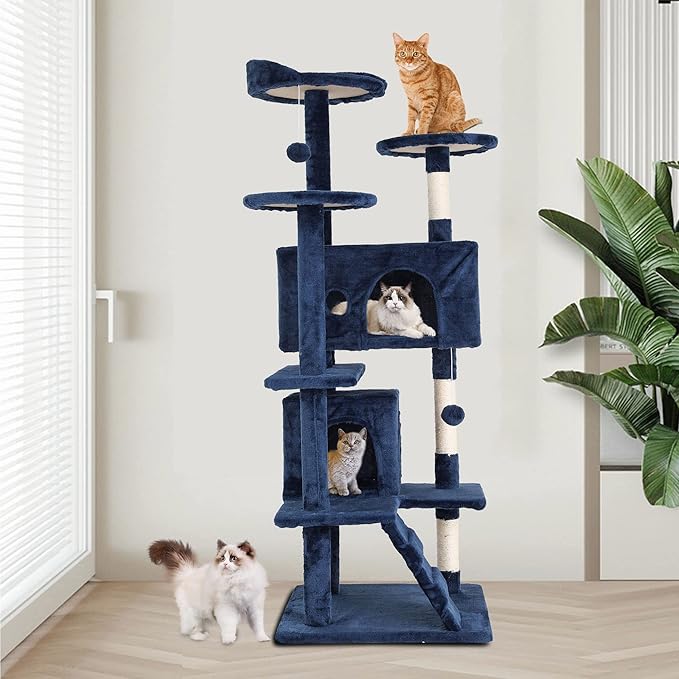 Cat Tree for Indoor Cats, Multi-Level Cat Tower with Scratching Posts & Cozy Condo, Space Saving Cat Activity Center, Durable Pet Play House (54in,Navy Blue)