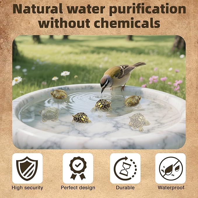 6 Pcs Copper Bath Disks Ornaments Mini Turtle Shape, Retro Copper Birdbath Purification Cleaner, Fit for Outdoor Birdbaths, Bowls