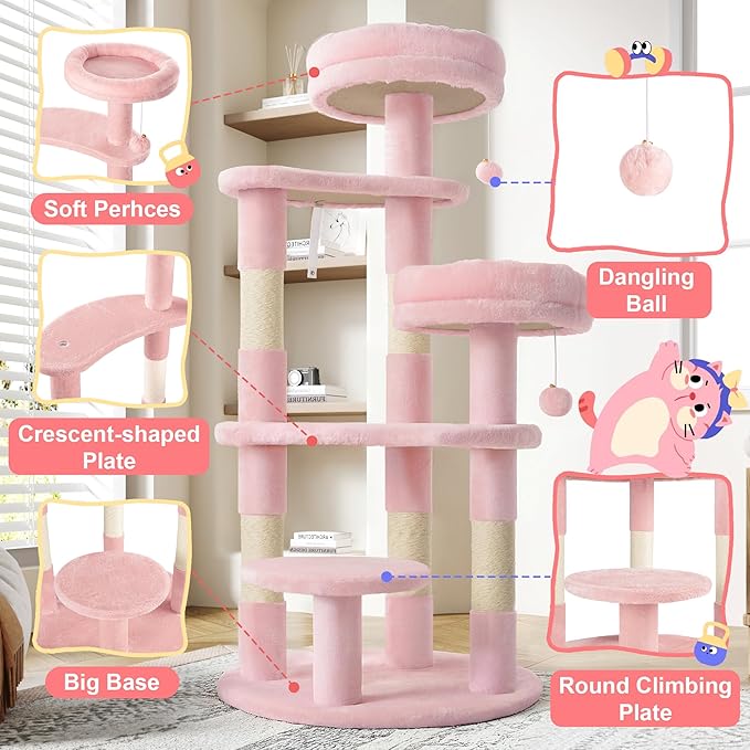 Allewie 55.5 in Cat Tree for Indoor Kitties/Soft Plush Perches/Multi-Level Cat Tower/Sisal Scratching Posts/Crescent Plates/Round Jumping Board/Hanging Ball/Pet Activity Center/Pink