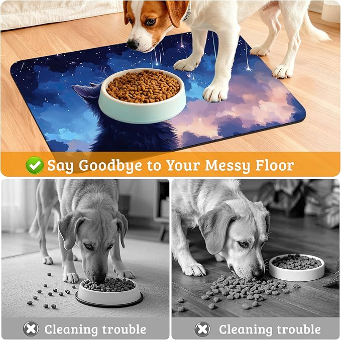 Cat Dog Food Mat,Starry Night Absorbent Pet Feeding Mat for Food and Water Bowl,Quick Dry Dog Placemat Non Slip Rubber Backing Waterproof Pet Supplies 16" x 24"