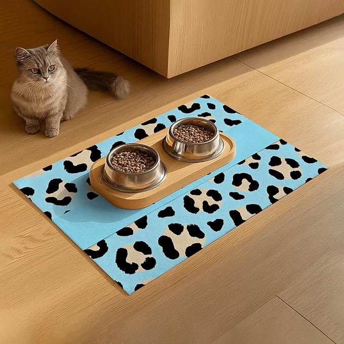 Puppy Feeding Mat 24x16 inch Blue Leopard Print Pet Bowl Placemat Non Slip Floor Mat for Food and Water Indoor Dog Feeding Station Cute Meal Pad for Small Pets Kitchen Use