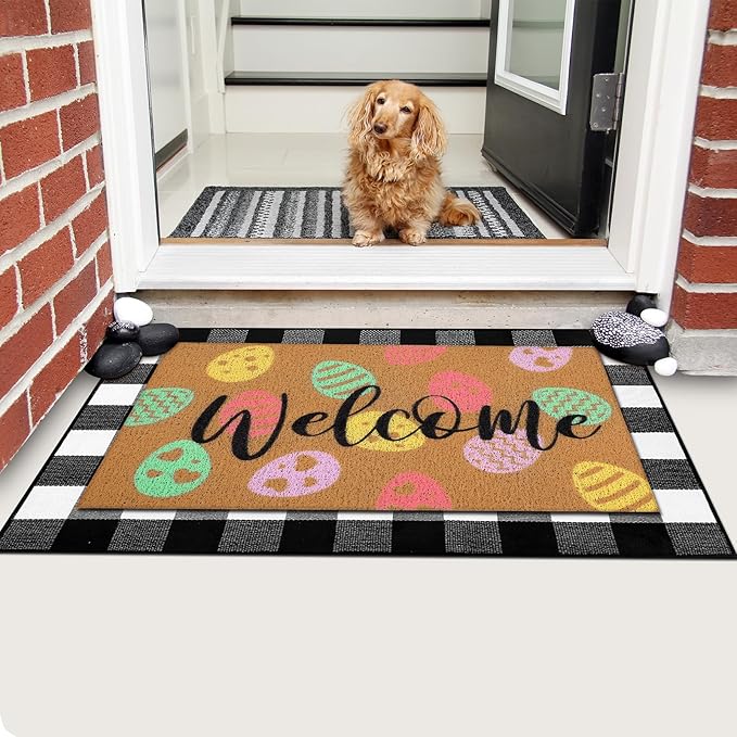 Tinideya 2 Pcs Easter Day Door Mat Eggs Welcome Non Slip Coir Mats Holiday Black and White Plaid Floor Layering Doormats Seasonal for Front Porch Entryway Decor(Easter Eggs)