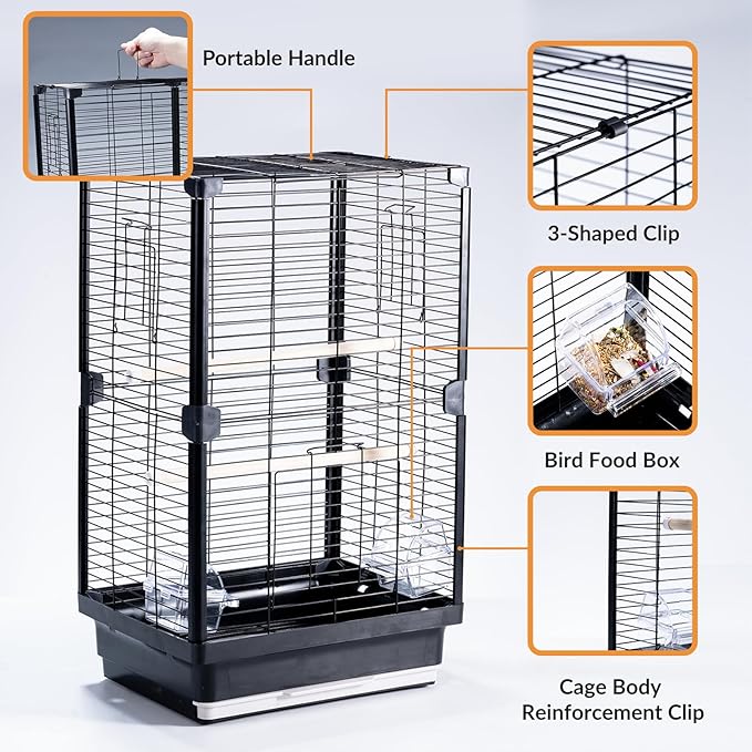 25 inch Bird Cage, Portable Travel Parrot Cage, Double-Layer Parakeet Cage, for Temporary Pet Accommodation, Trip to Vet, Short Trip, Camping, Black