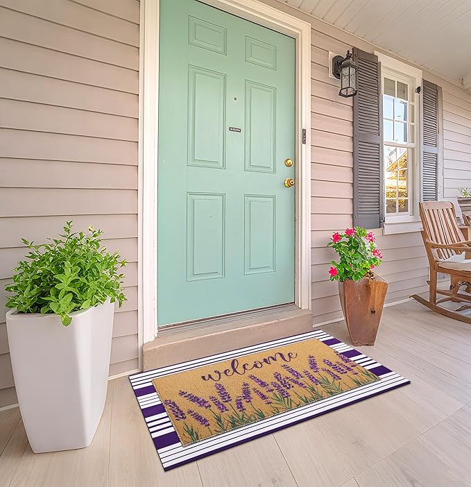Tinideya 2 Pcs Lavender Door Mat Purple and White Stripe Welcome Non Slip Coir Mats Flower Floor Layering Doormats Seasonal for Front Porch Entryway Decor(Lavender)