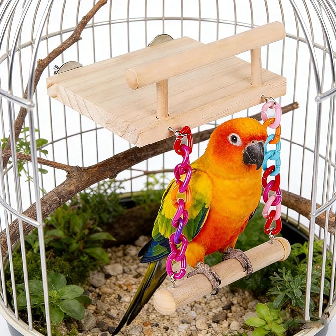 Natural Wood Bird Perch Platform with Colorful Chain Swing Toy, Parrot Hanging Stand Perch for Cockatiels Parakeets Lovebirds Budgies Conures, Cage Accessories Chewing Grinding Exercise Play Gym.