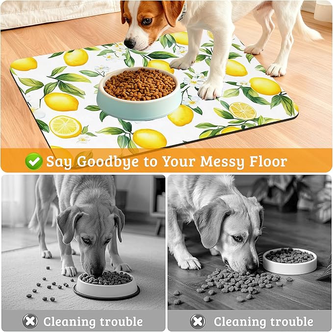 Lemon Feeding Mat,Green Leaves Absorbent Quick-Dry Cat Dog Food and Water Bowl Mats,Non-Slip Rubber Backing Mat,Cat Dog Accessories Supplies 16" x 24"