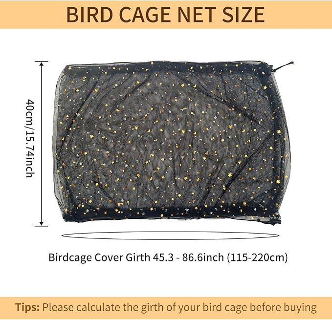 Bird Cage Seed Catcher, 45-90'' Adjustable Bird Cage Cover, Universal Nylon Bird Cage Mesh Net, Bird Cage Skirt Guard Accessories for Parrot Parakeet Macaw Round Square Cage (Black)