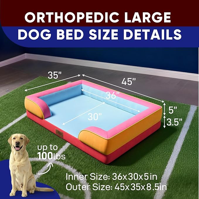 Comfort Expression Orthopedic Dog Bed for Extra Large Dogs 45x35 Inch, Waterproof Egg Crate Foam XL Pet Bed with Removable Bolsters, Dog Couch with Washable Cover & Non-Slip Bottom, Miami