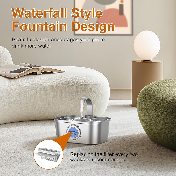 Bobo&Dragon 3.5L/124oz Stainless Steel Cat Water Fountain - Ultra-Quiet Automatic Pet Water Dispenser for Dogs & Cats, 6-Stage Filter, Smart Window & Anti-Dry Burn Pump (Includes 2+2 Filters)