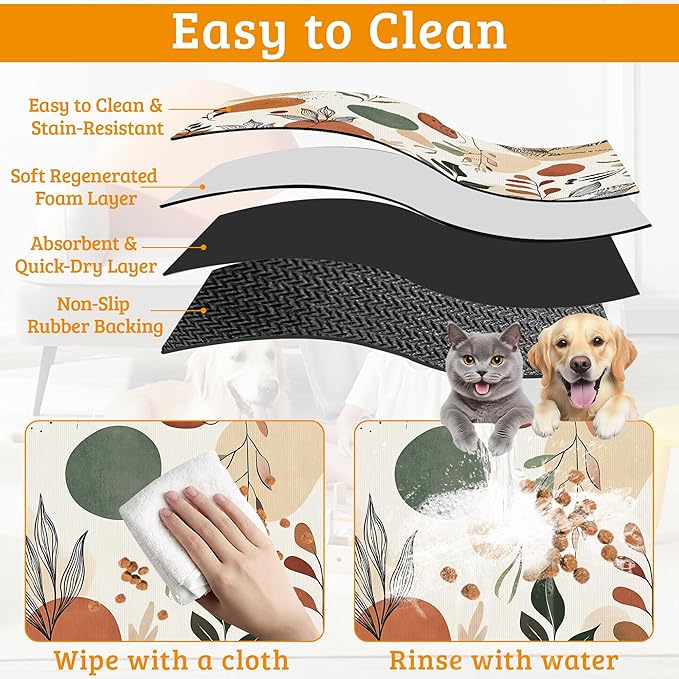 Boho Dog Cat Food Mat,Abstract Leaves Absorbent Waterproof Placemat for Food and Water Non Slip Rubber Backing Durable Feeding Pad for Clean Floors 12" x 20"