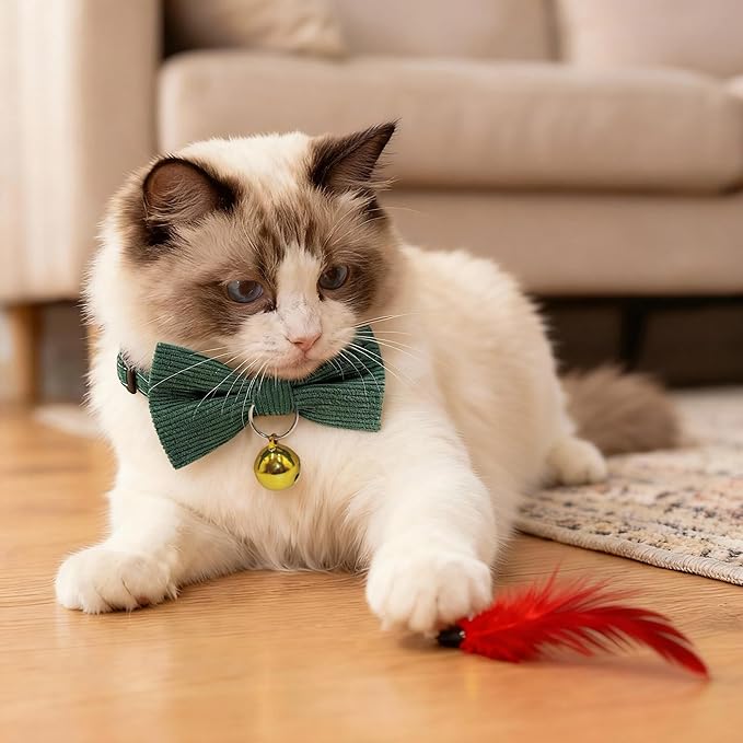 THAIN Cat Collar with Bow Tie and Bell, Breakaway Adjustable Cute Soft Corduroy Kitten Collars Safety Buckle for boy Cats (Solid Dark Green)