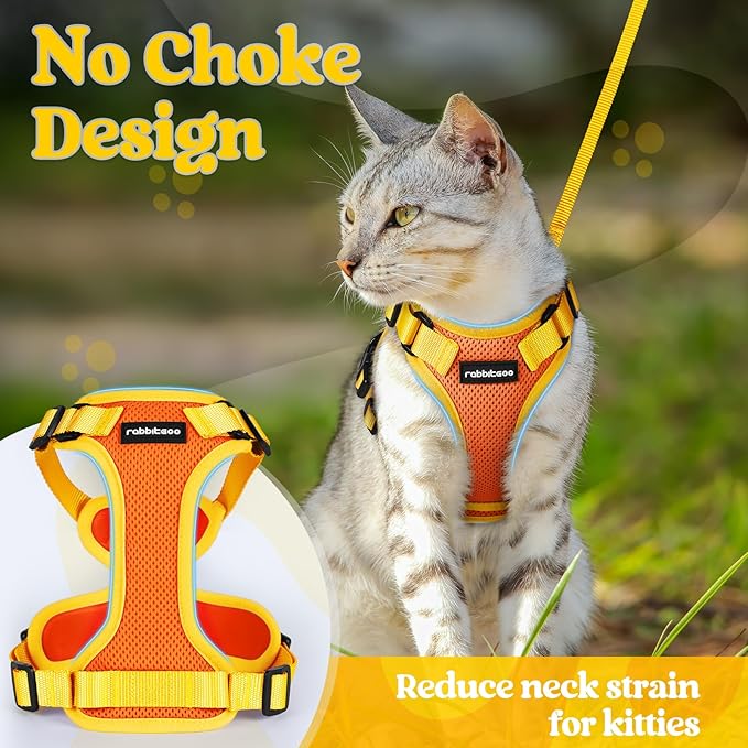 rabbitgoo Cat Harness and Leash Set, Escape Proof Soft Adjustable Vest Harnesses for Outdoor Walking, Easy Control Breathable Kitten Jacket with Reflective Strips, Orange & Yellow, M