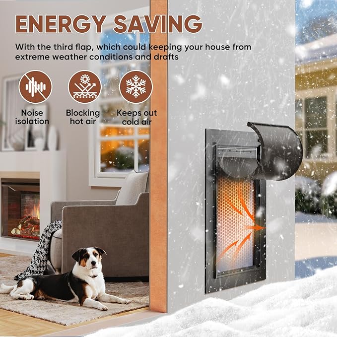 3-Flap Dog Door, All Aluminum Alloy Large Doggy Door Doggie door for Wall, Heavy Duty Pet Door Easy to Install, Energy Efficient, Telescoping Tunnel for Interior & Exterior Wall, Pet Up to 110Lb-Black