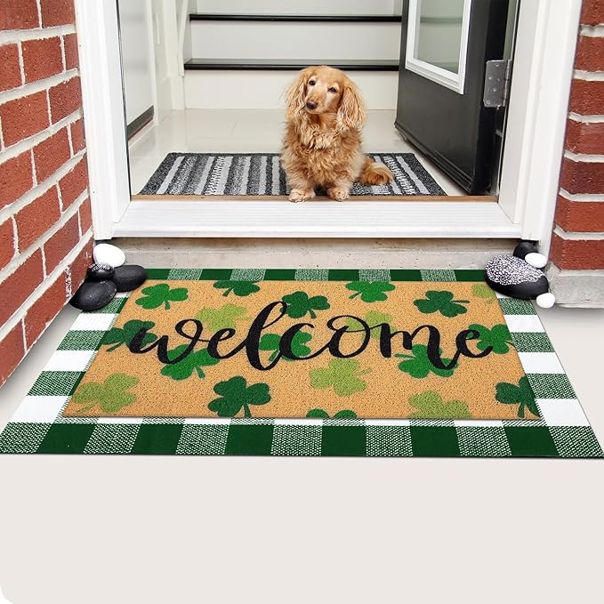 Tinideya 2 Pcs St. Patrick Day Door Mat Welcome Non Slip Coir Mats Clover Pattern Green White Plaid Floor Layering Doormats Seasonal for Front Porch Entryway Decor(st Patrick's Day)