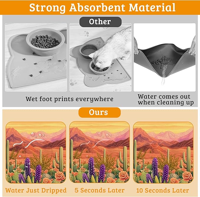 Pet Feeding Mat,Cactus Absorbent Dog Cat Food Mat Desert Dog Mat with Rubber Backing,Non-Slip Water Bowl Placemat,Pet Supplies 16" x 24"