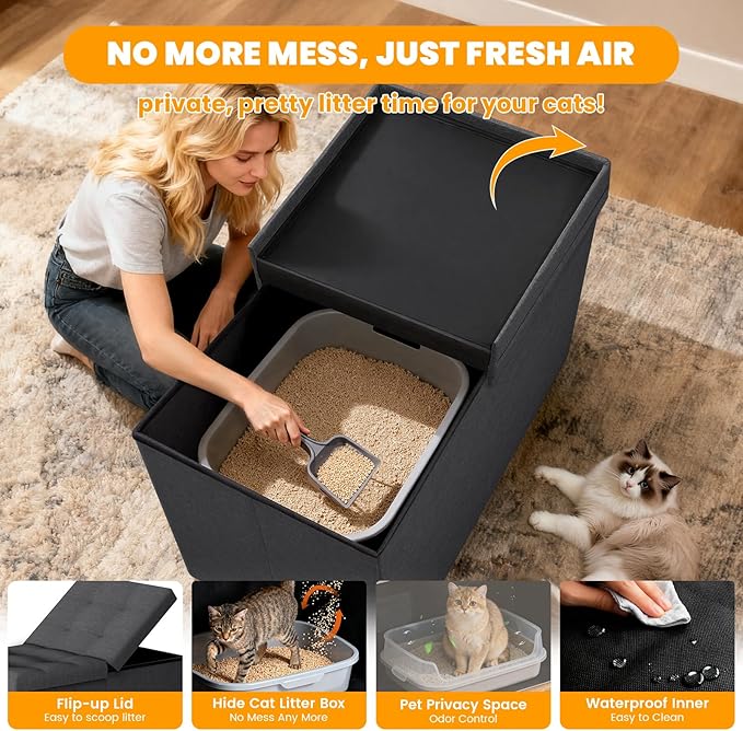 3-in-1 Cat Litter Box Enclosure with Odor Control, Multi-Functional Hidden Litter Box Furniture Bench, Dog Proof, Space-Saving Ottoman Cabinet with Flip-Up Lid, Extra Large, Dark Grey