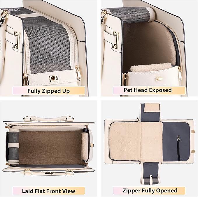 Dog Purse Carrier for Small Dogs, Stylish Foldable Pet Carrier Purse Tote Bag with Washable Cushion & Safety Leash, Airline Approved Puppy Travel Bag with Pockets (White)
