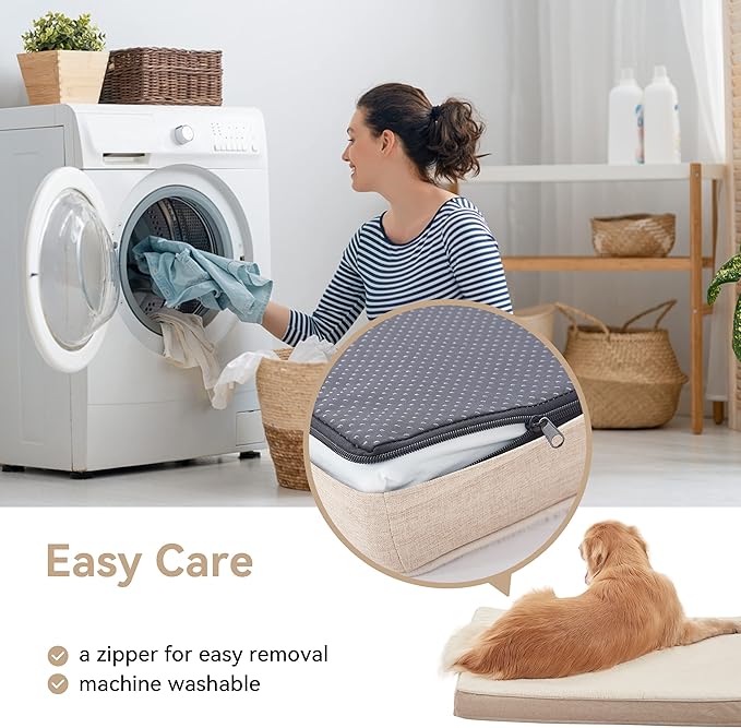 Extra Large Dog Bed, Cooling Dog Beds for Large Dogs, Washable Orthopedic Pet Bed for Crate with Joint Relief Memory Foam, Waterproof Liner and Plush Cover (41"x 29", Beige)
