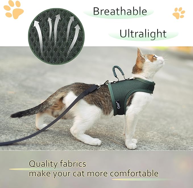 Kitty Harness and Leash for Walking Escape Proof Breathable Mesh Fabric, Solid Green, Small, Adjustable Cat Walking Jackets with Handle, Padded Stylish Cat Vest
