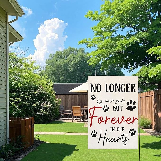 Pet Memorial Garden Flag No Longer By My Side Forever in Our Heart 12x18 Inch Double Sided Burlap Pawprints Lost Pet Cat Dog Bereavement Gift Outdoor Yard Decor