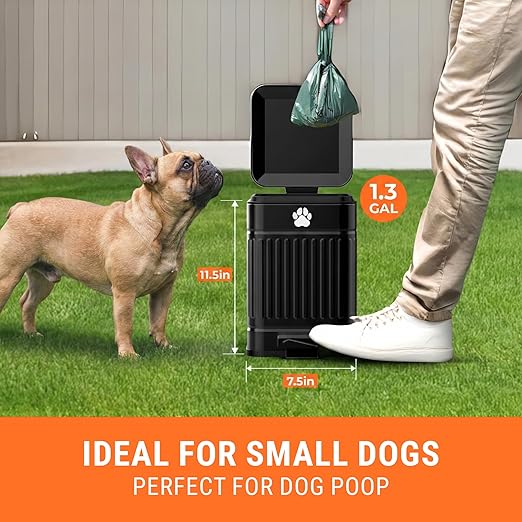 Pupzle Small Dog Poop Trash Can Outside, 1.3 Gal Metal Dog Waste Trash Can, Small Poop Bucket Outdoor with Lid, Poo Container Bin Waterproof Backyard Odor Control, 30 Bags (Black)