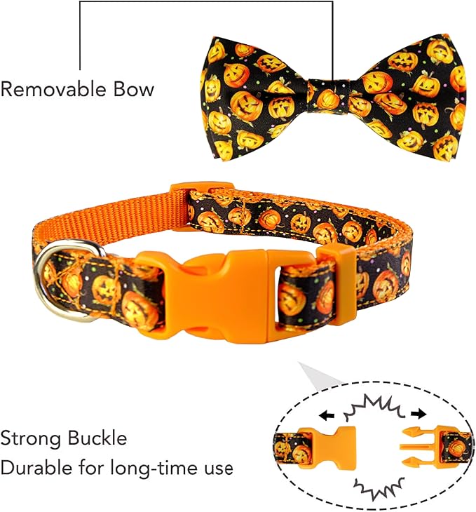 Halloween Dog Bow Tie Collar, Holiday Skull Pumpkin Collar for Large Medium Small Dog Pets Puppies
