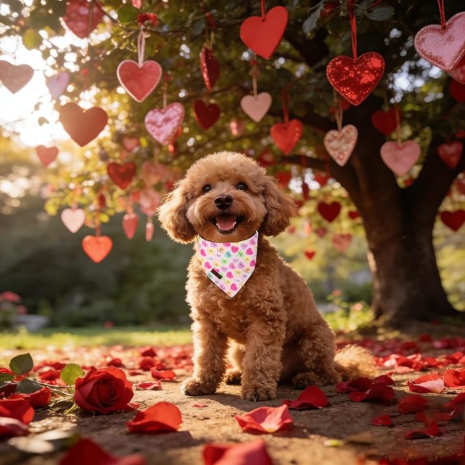 Lionet Paws Valentine's Day Dog Bandana Washable Cotton Beige Handkerchief Scarf Triangle Love Letter Bandana for Small Medium Dogs Girl Boy