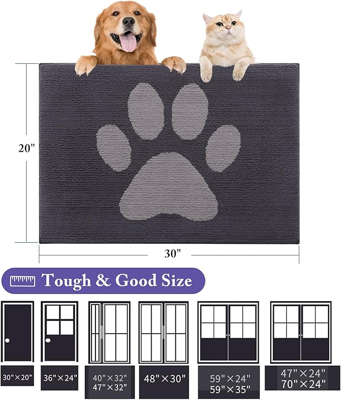 Buganda Dog Door Mat for Muddy Paws, Absorbent Dirt Trapper Non Slip Indoor Doormats, Washable Low-Profile Mat for Mud Dogs, Entryway Carpet for Inside Floor (70x47 Inches, Dark Grey)