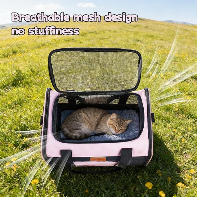 YUNIQUE Soft-Sided Cat & Dog Carrier for Pets Up to 15 Lbs, Airline Approved Collapsible Travel Puppy Carrier with Lightweight Fabric Design (Pink)