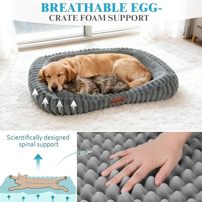Cute Washable Dog Bed for Small Dogs -Soft Plush Calming Puppy & Cat Bed with Anti-Slip Bottom, Rectangle Anti-Anxiety Puppy Kennel Bed with Handle, 25" x 21" x 4",Grey