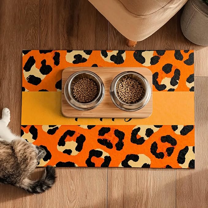 Puppy Feeding Mat 20x12 inch Orange Leopard Print Dog Bowl Placemat Non Slip Mat for Pet Food and Water Small Dog Food Area Indoor Puppy Feeding Station Pet Meal Mats for Kitchen