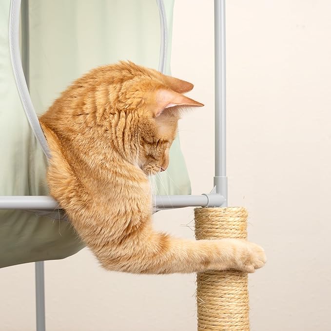 Kitty City Cozy Cube Retreat Cat Tower with Tunnel, Scratching Post & Hanging Toy, Dual-Level Indoor Cat Play Furniture for Climbing, Hiding & Lounging, Green