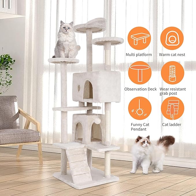 70 Inch Beige Cat Tree, Tall Cat Tower with 2 Condos, 3 Scratching Posts, Multi-Level Platforms - Sturdy Climbing Structure Tall Cat Tower for Indoor Cats