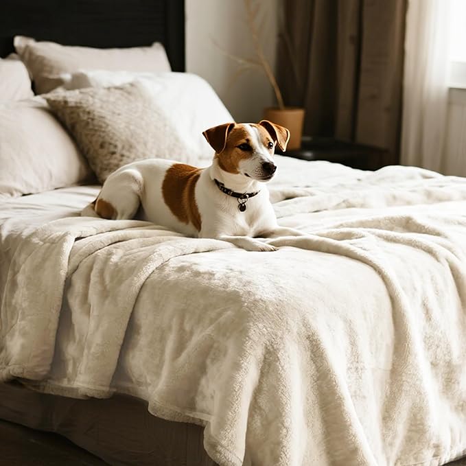 gogobunny Waterproof Bed Blanket, Reversible Sherpa Fleece Throw Blanket for Dog Puppy Cat, Furniture Cover Protects Bed Couch Sofa from Liquid Pee and Pet Fur (Cream, 90x108 inches)