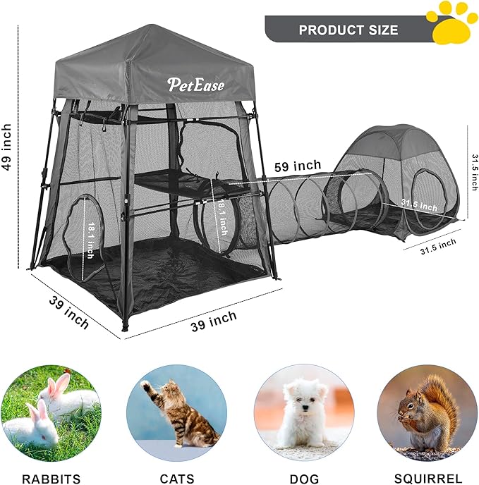 Catio Outdoor Cat Enclosure, 3-in-1 Extra Large Portable Cat Playpen with Tower Tent & Tunnel, Foldable Waterproof Mesh Catio for Indoor Outdoor Cats & Small Pets
