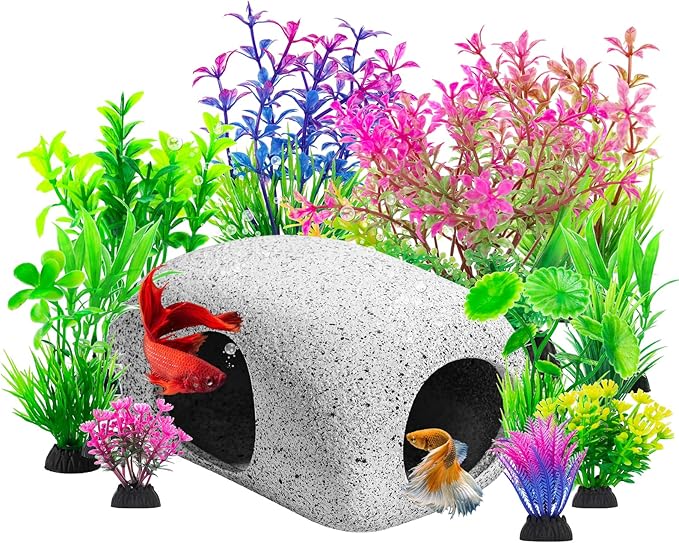CousDUoBe 13Pcs Aquarium Hideaway Rock Cave Fish Tank Decorations quarium,Betta Toys Hideout Stones House,Safe and Non-Toxic Ceramic Fish Tank Ornaments（Style B）