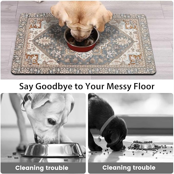 2 Pack Dog Food Mats for Floors, Absorbent and Quick-Drying Pet Cat Food Mat,Anti-Fouling and Easy-to-Clean Pet Feeding Mat,Dog Bowl Mat for Messy Drinking Water Bowls.12 x20+18"x24", Bohemia Style