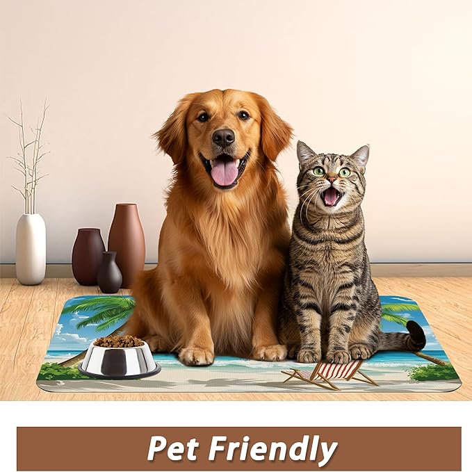 Tropical Beach Dog Food Mat for Floors,Hawaii Palm Tree Absorbent Quick-Dry Pet Feeding Mat,Cat Dog Bowl Mats for Food and Water,Non-Slip Pet Accessories Supplies 16"x24"