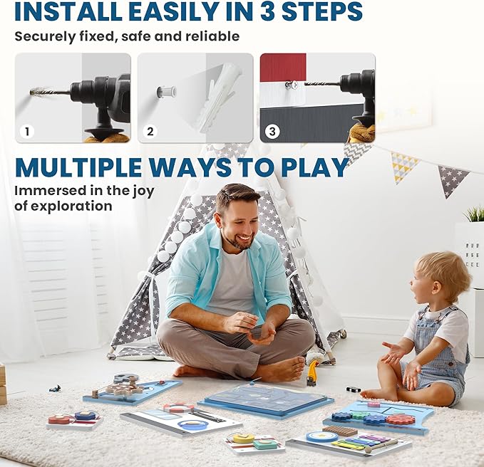 BlueWood Wooden Wall Busy Board Panels, Toddler Learning Activity Center, Montessori Philosophy Sensory, Educational Toys, Conducive to All-Round Development - Ship