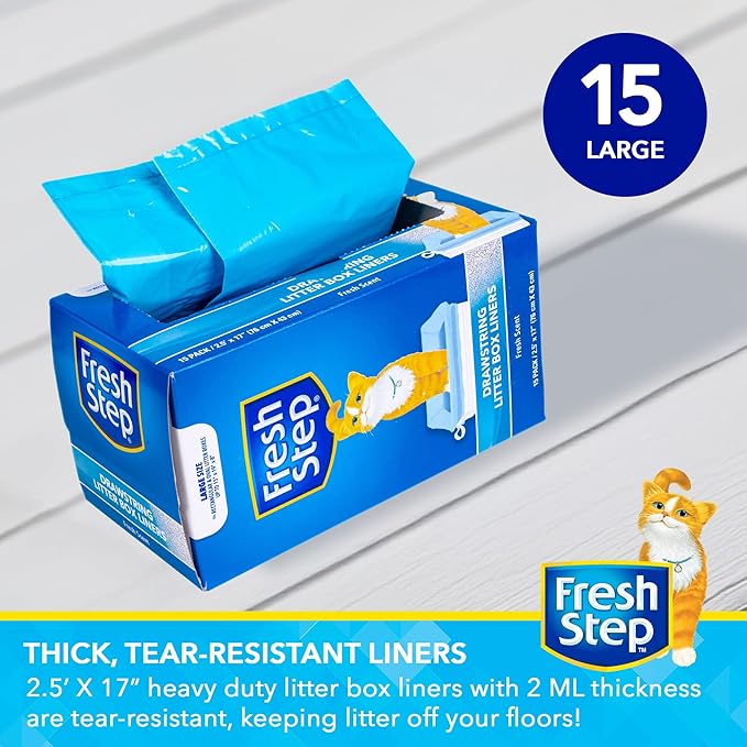 Fresh Step Drawstring Cat Litter Box Liners, Scented Heavy Duty Kitty Litter Bags for Large Oval or Rectangle Pans, Helps Contain Odor and Mess, Easy Lift Out Cleanup, 30 x 17 in, 15 Count