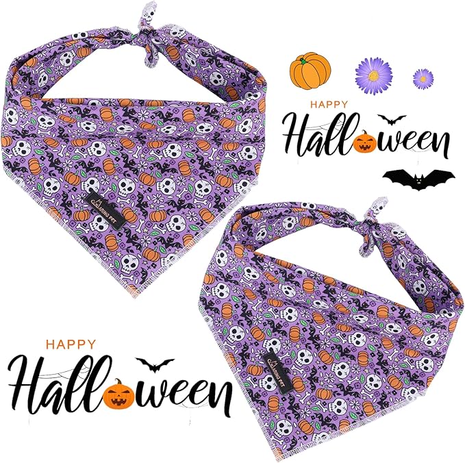 ARING PET Halloween Dog Bandanas, Cotton Purple Pumpkin Ghost Bat Floral Pet Bandanas Cute Triangle Bibs Scarf for Small Medium Large Boy Girl Dogs and Cats-L