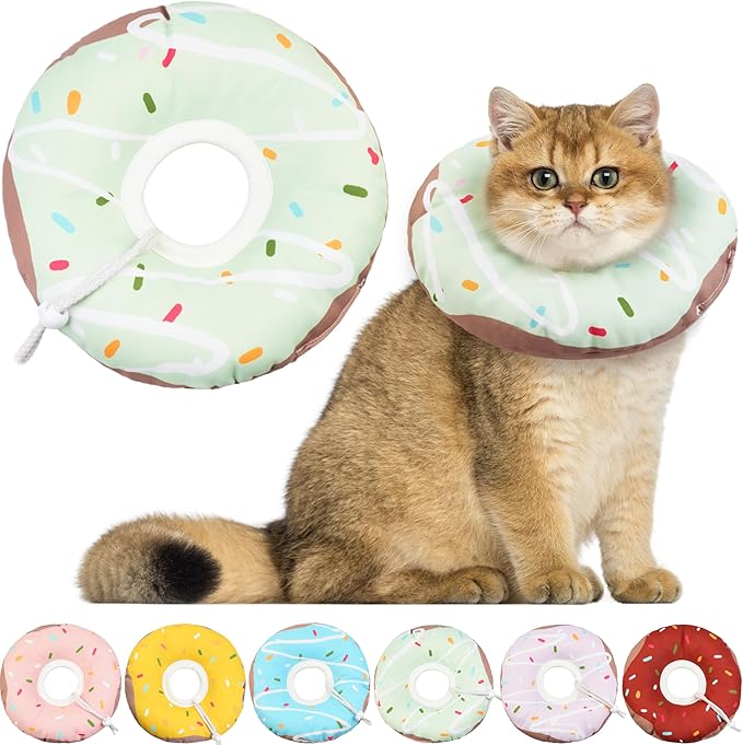 Cat Cone Collar Soft, Waterproof Cat Recovery Collars Spay Cones to Stop Licking Cute Donut E Collar After Surgery Anti-Lick Wound Healing Safety Elizabethan Collar for Kittens (Donut Green, Medium)