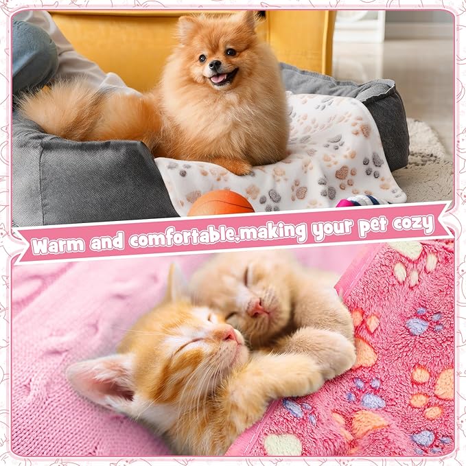 Tegeme 12 Pcs Pet Blankets Soft Fluffy Fleece Dog Cat Warm Paw Print Pattern Blankets Flannel Throw for Pets Dog Puppy Cat(23 x 16 Inch,Pink,Beige,Camel)