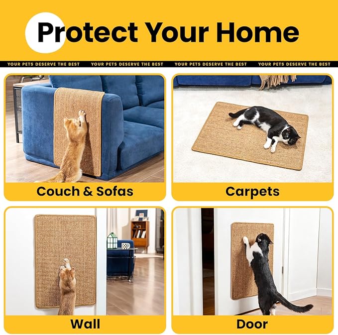 Cat Scratcher Mat,Sisal Cat Scratch Pad with Hook&Loop Tape,Wall Floor Kitten Scratching Pads Rug for Indoor,Furniture Protector for Couch&Carpets&Sofas,Kitty Bithday Gifts,Large,Brown,2 Pack