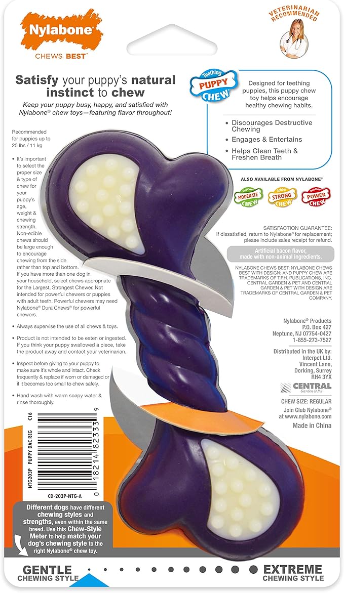 Nylabone Double Action Bone Puppy Chew Toy, Rubber Teething Toys for Puppies, Puppy Chew Bone, Bacon Flavor, Small Dogs - Up to 25 lbs., 1 Count