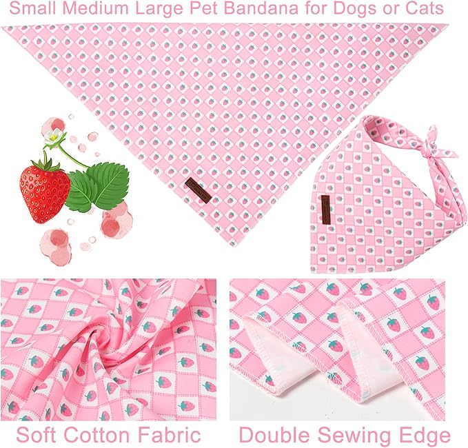 Spring Dog Bandana, UP URARA PUP Strawberry Triangle Bid Scarf for Medium Large Dogs, Cotton Kerchief for Girl Boy Puppies, Cute Spring Pink and White Bandana,L